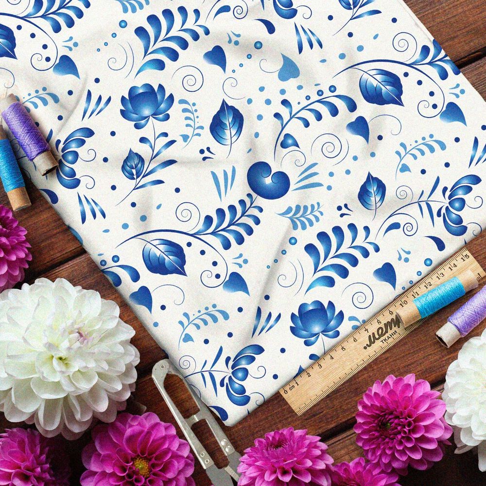 Ткань поплин редкая гжель на белом фоне