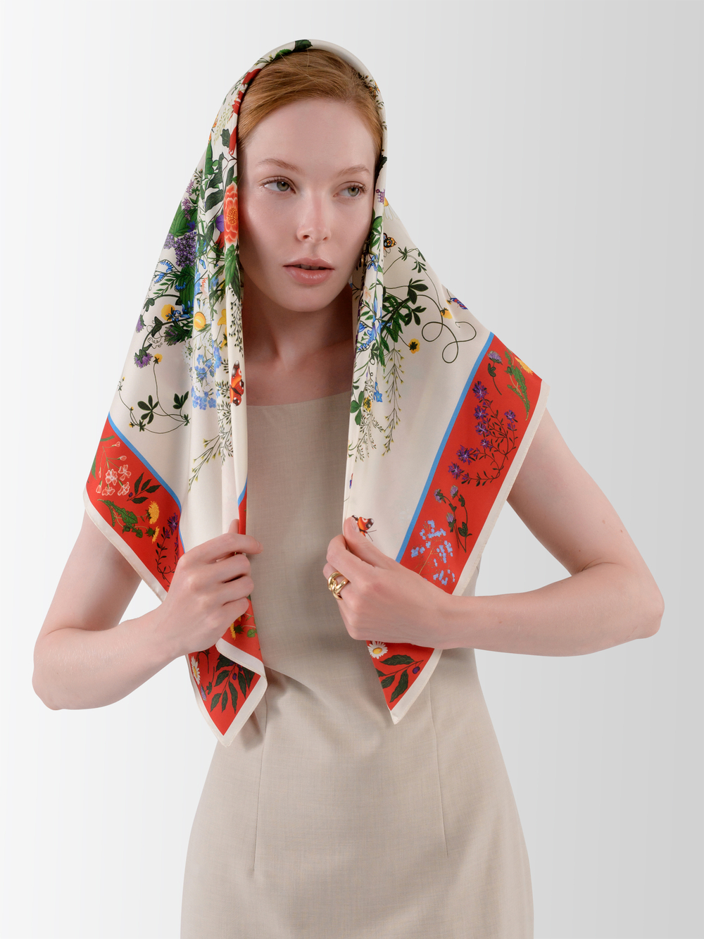 Платок «Русский полевой букет» красный 100% шёлк