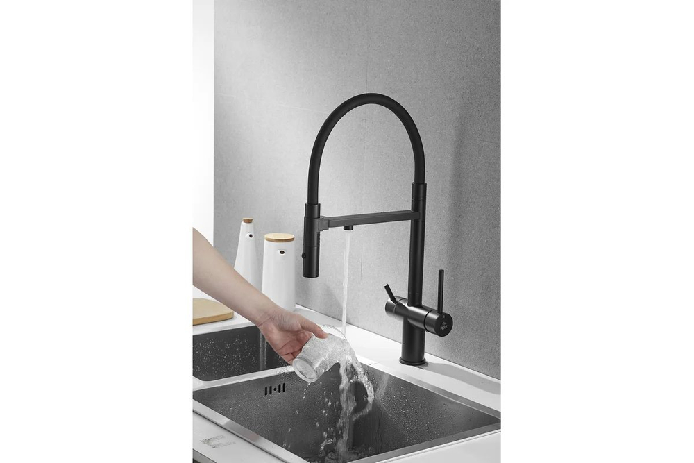 Смеситель для кухни, гибкий излив, магнитная вставка, под фильтр, черный, Rose R958H