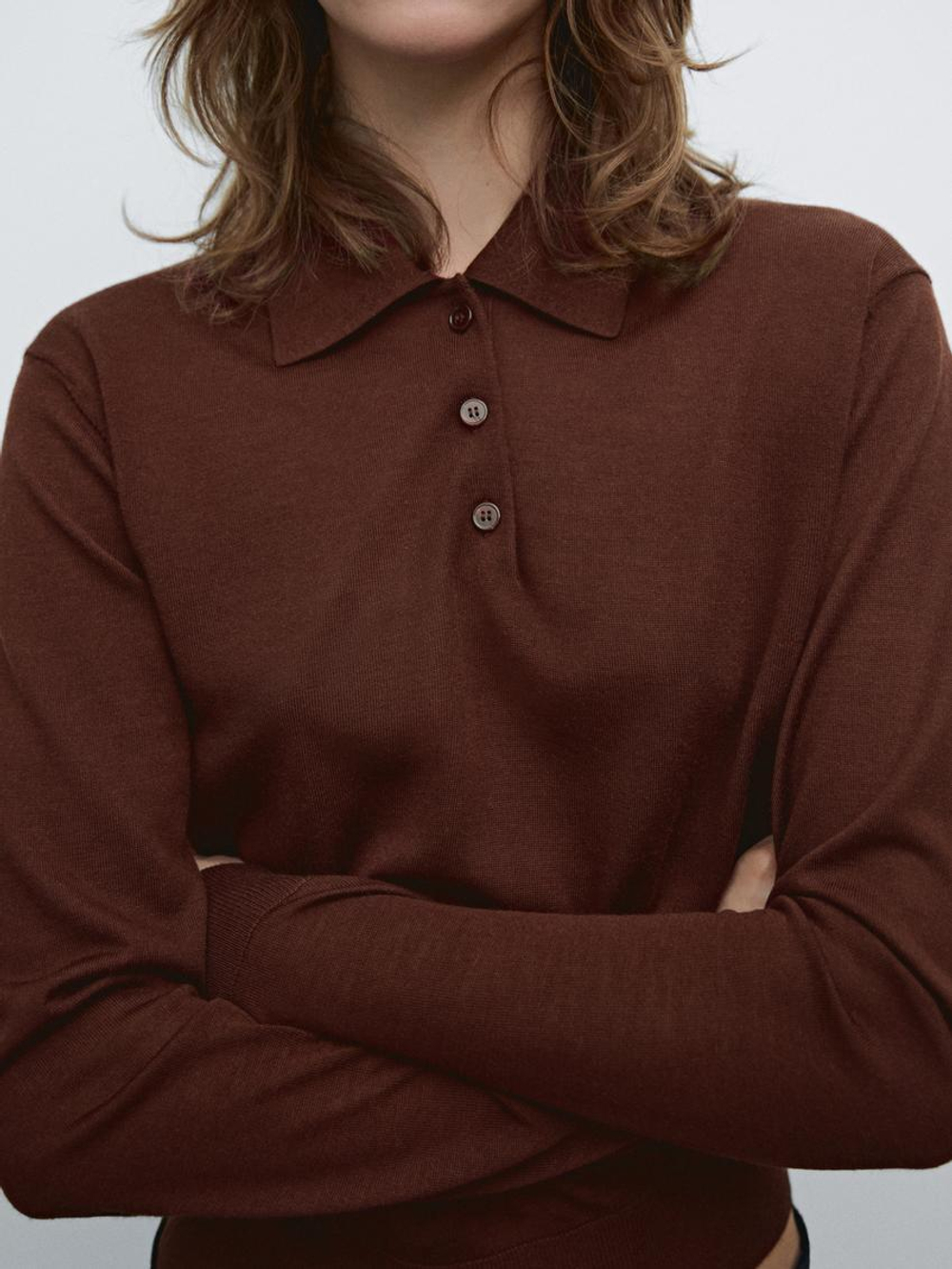 Massimo Dutti Свитер из 100% шерсти с воротником поло и пуговицами, черепичный