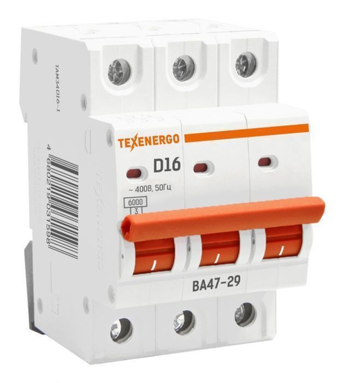 Автоматический выключатель ВА47-29 3п 16А 6кА Texenergo хар-ка D