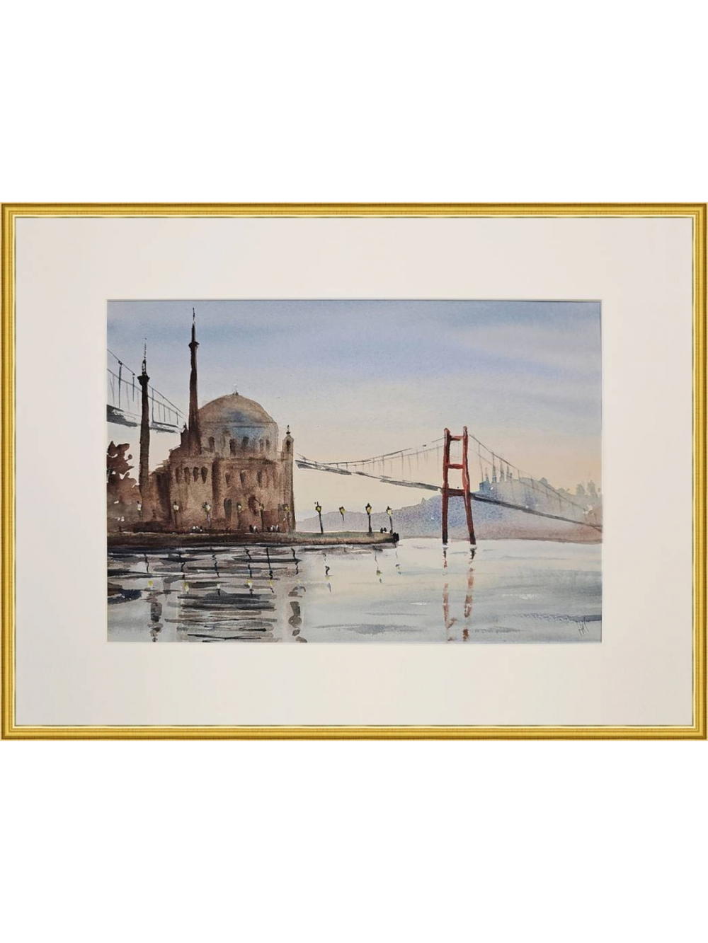 Картина авторская акварельная в паспарту 30х40 см на стену для интерьера "Мечеть Ортакей. Стамбул"