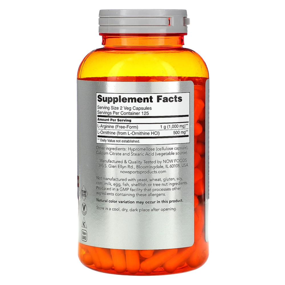 NOW Foods, Sports, аргинин и орнитин, 250 растительных капсул