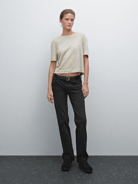 Massimo Dutti Футболка из 100% льна с ажурным переплетением, светло-коричневый