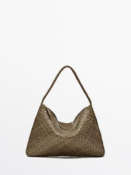 Massimo Dutti Сумка через плечо из плетеной кожи среднего размера, хаки
