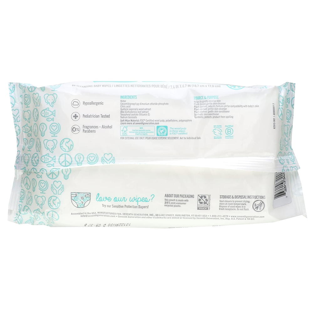 Seventh Generation, Sensitive Protection, очищающие детские салфетки, 64 шт.