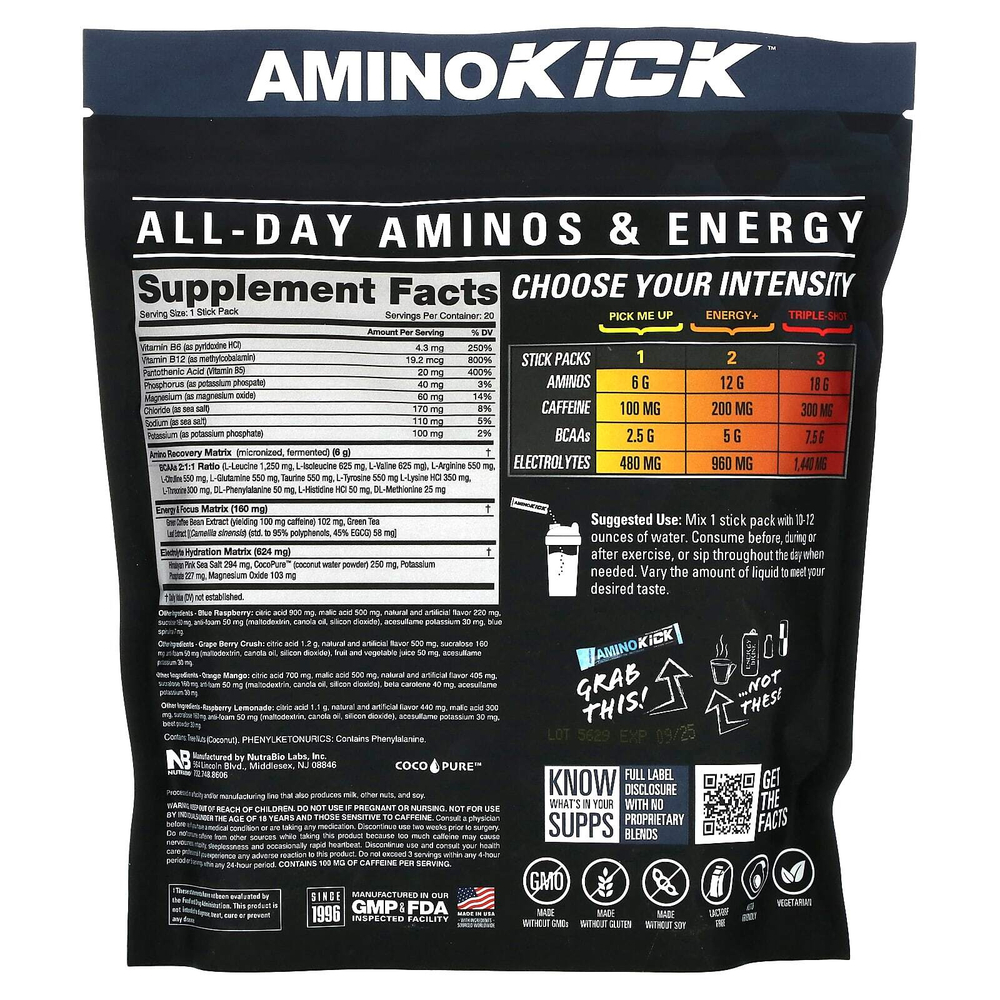 NutraBio, Amino Kick, разнообразная упаковка, 20 стиков по 9 г (0,32 унции)
