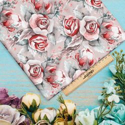 Ткань атлас акварельные розы на сером