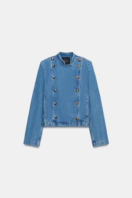 ZARA ДЖИНСОВАЯ КУРТКА С ПОДПЛЕЧНИКАМИ — ZW COLLECTION, ЛИНЯЛЫЙ СИНИЙ