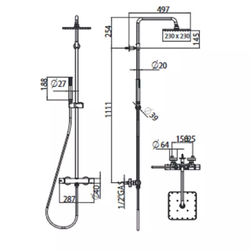 Bossini душевая система: стойка из латуни Ø 20 мм, Cosmo верхний душ из латуни 230х230 мм, ручной верхний душ Zen, поворотный держатель, шланг Lux 150