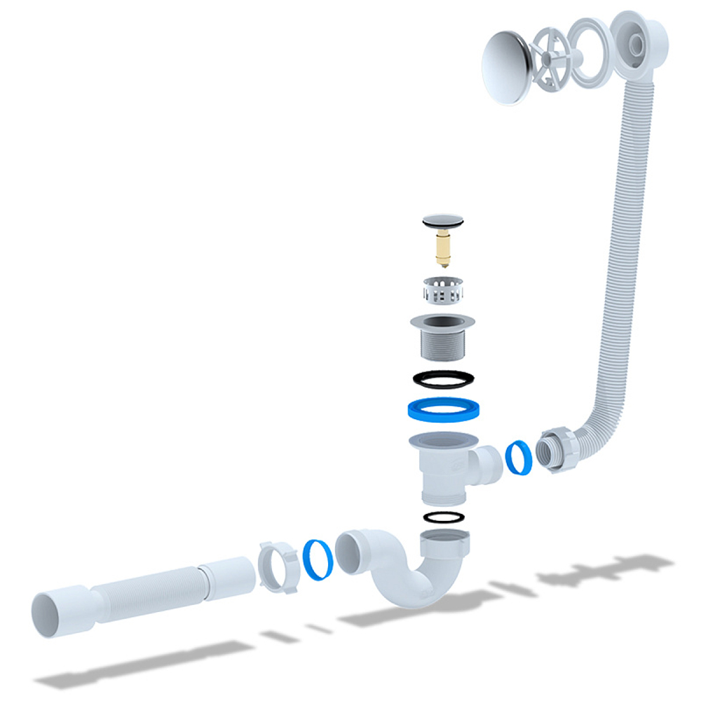 Слив-перелив для ванны АНИ Пласт автомат трубный клик-клак 1 1/2"х40 с гофрой 40/50 с сеткой (EC155S)
