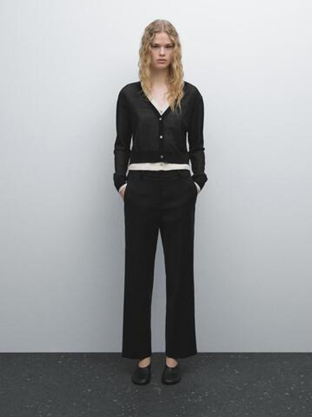 Massimo Dutti Эластичные брюки из смесового льна, черный