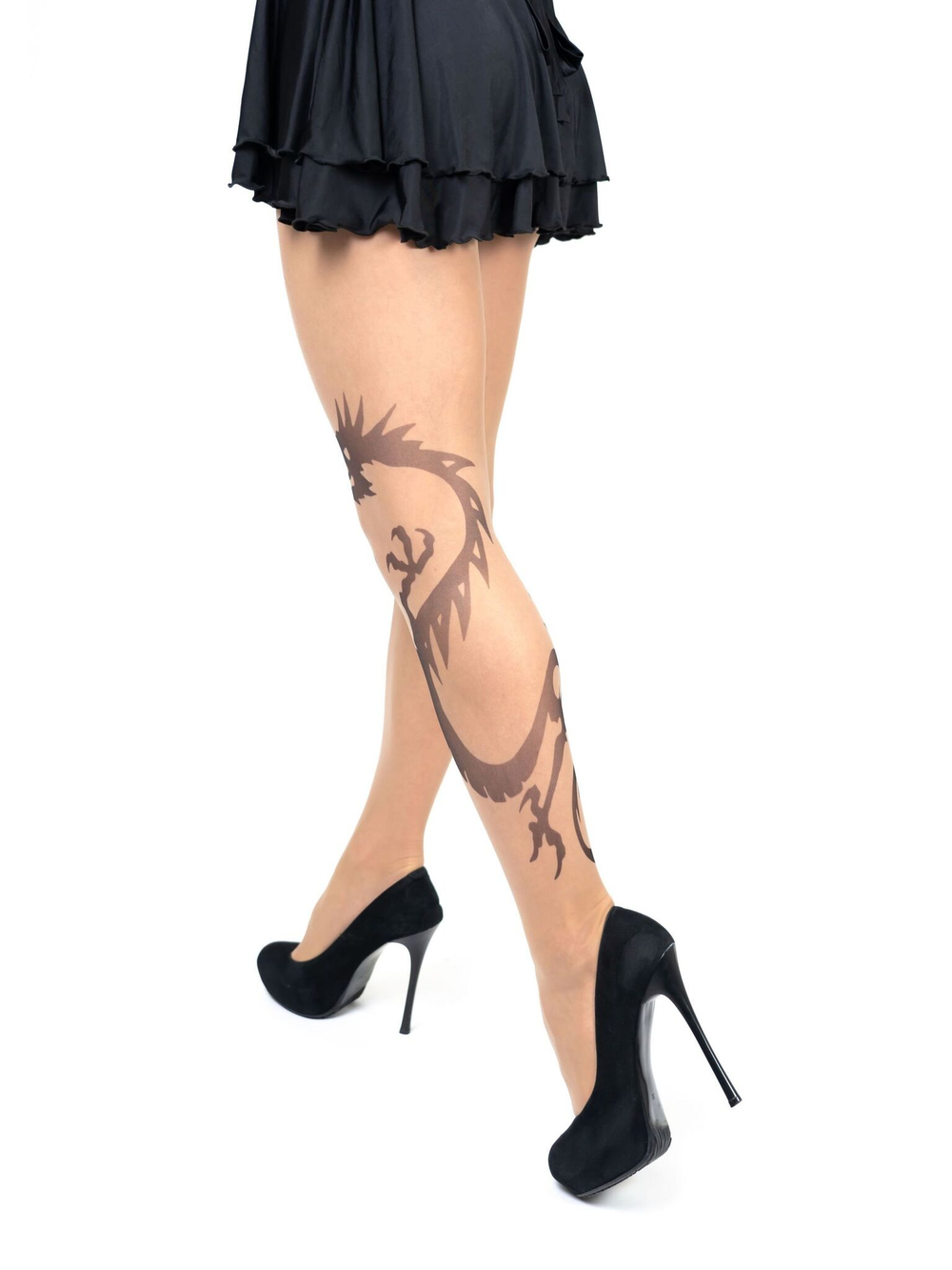 Колготки с принтом в виде дракона на левой ножке (Размер: S-M-L) (Цвет: бежевый)