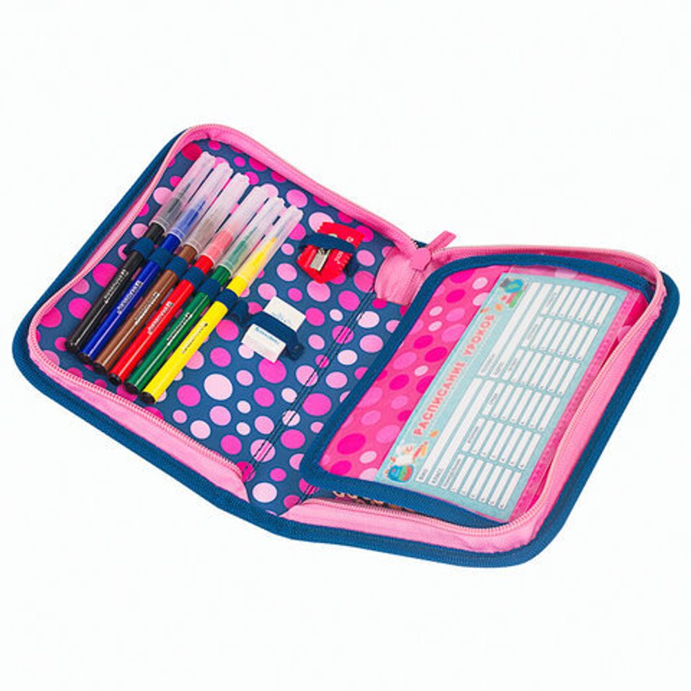 Пенал с наполнением BRAUBERG, 1 отделение, 1 откидная планка, полиэстер, 24 предмета, 21х14 см, "Friendly kittens", 270317