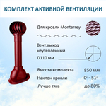 Комплект активной вентиляции: Вентиляционный выход D110 не утепленный высота H=500 мм, проходной элемент для металлочерепицы Monterrey, турбодефлектор Ø 110 мм, красное вино