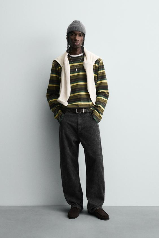 ZARA БРЮКИ BAGGY FIT С ПРИНТОМ И ЭФФЕКТОМ ПОТЕРТОСТИ, ТЕМНО-СЕРЫЙ