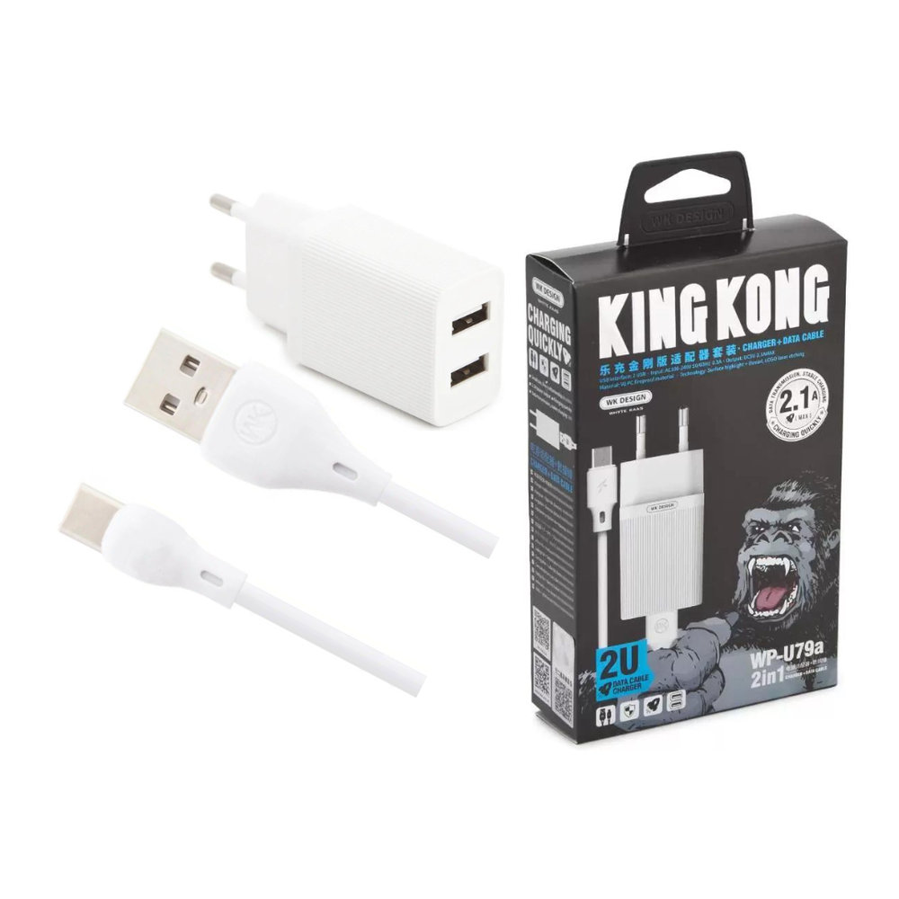 Сетевое зарядное устройство WK Kingkong WP-U79a 2xUSB-A, 2.1А + USB кабель Type-C, 1м, белый