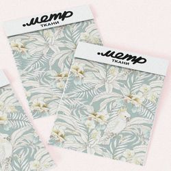 Ткань мембрана попугай в листьях белые