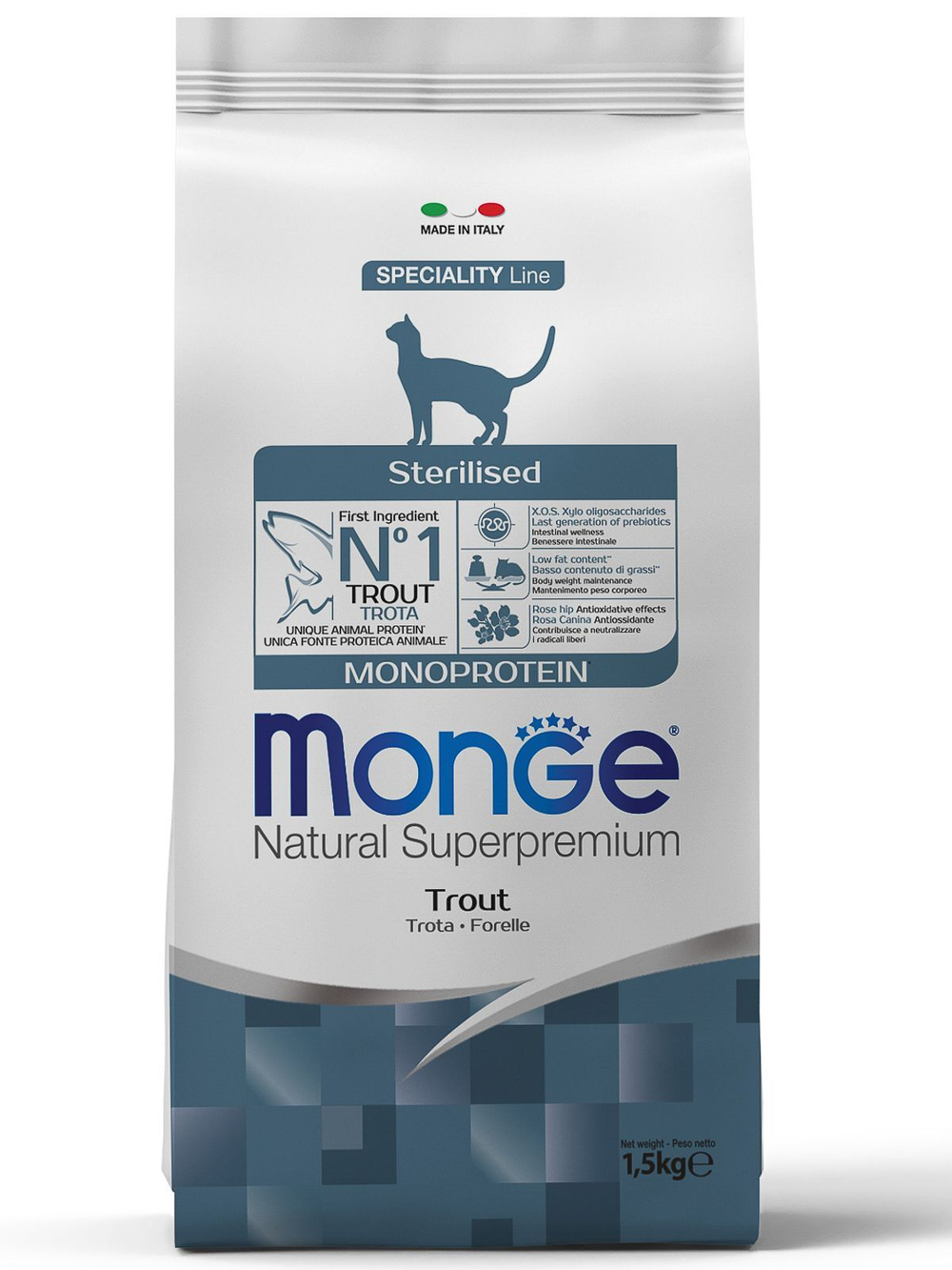 Гипоаллергенный корм для стерилизованных кошек Monge Monoprotein Sterilised (форель), 1,5 кг