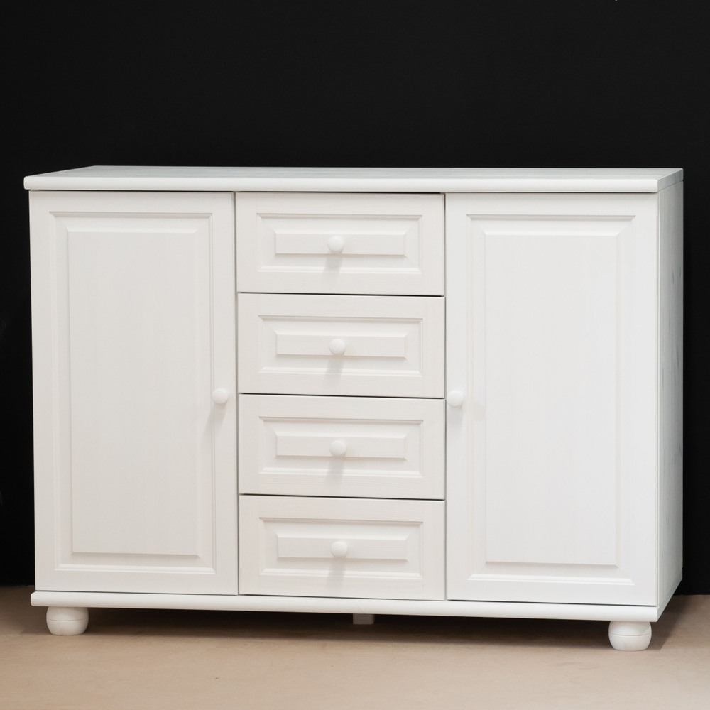 Комод белый с 4 ящиками и 2 дверями Харви из массива сосны с филенкой для спальни и кухни в викторианском стиле, комод деревянный для вещей и одежды на ножках напольный