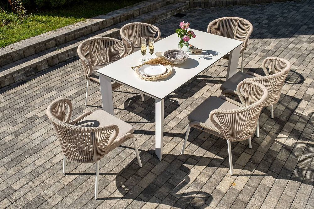"Венето" обеденная группа на 6 персон со стульями "Милан", каркас белый, роуп бежевый