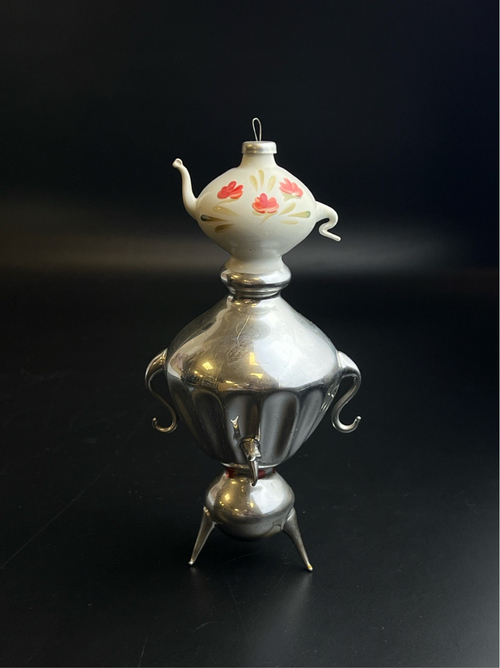 Ёлочная игрушка редкая Самовар с чайником, стекло, 16.5 см, подвесная, Ленинградское производство Игрушка, ручная роспись, винтаж СССР 1960-1980 гг