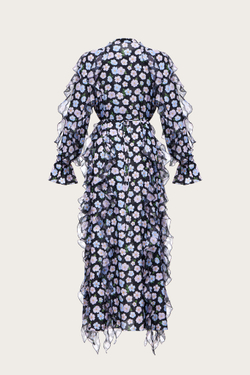 ПЛАТЬЕ-МИДИ ИЗ ЧЕРНОЙ ШЕЛКОВОЙ ОРГАНЗЫ С АВТОРСКИМ ПРИНТОМ