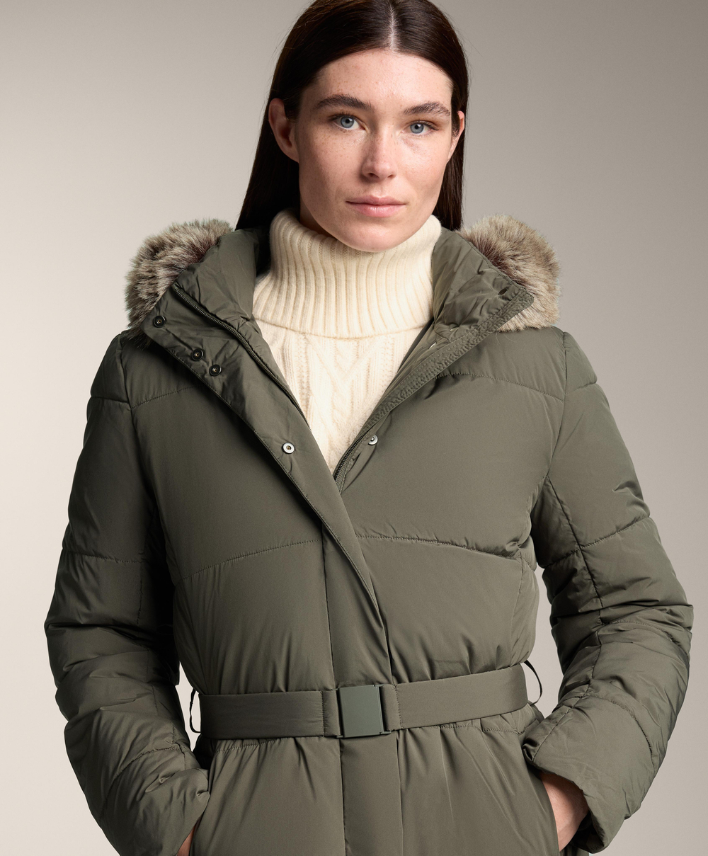 Oysho Длинная водоотталкивающая утепленная куртка Primaloft®, темный хаки