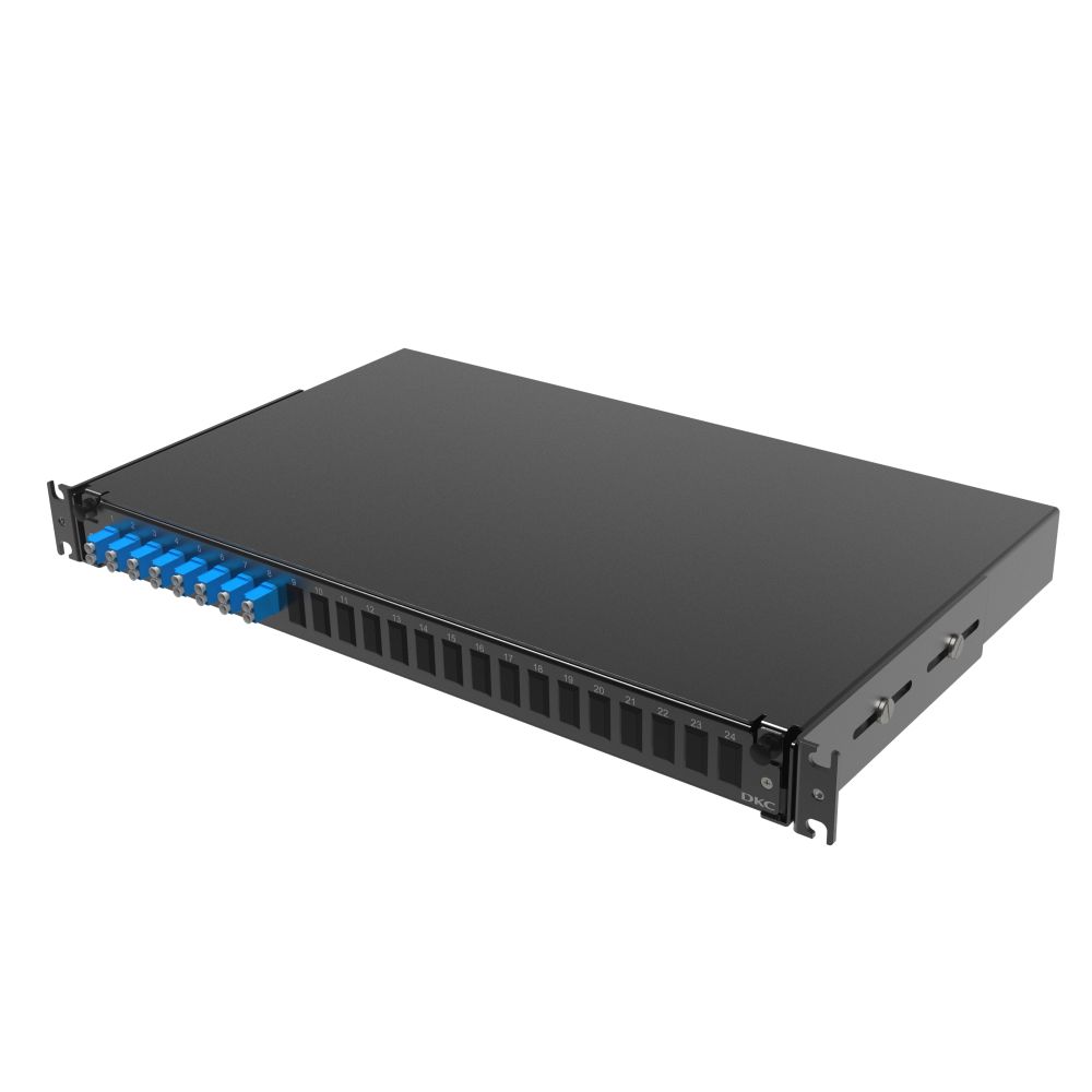 Оптическая полка выдвижная 1U с адатерами 24 х duplex LC OS2 в комплекте с лицевой панелью, пигтейлами, сплайс-кассет(ой/ами) и гильзами КДЗС