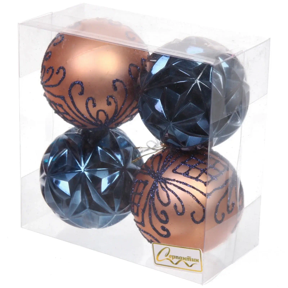 Новогодние шары 7 см (набор 4 шт) «Симфония леса», сапфир/шампань