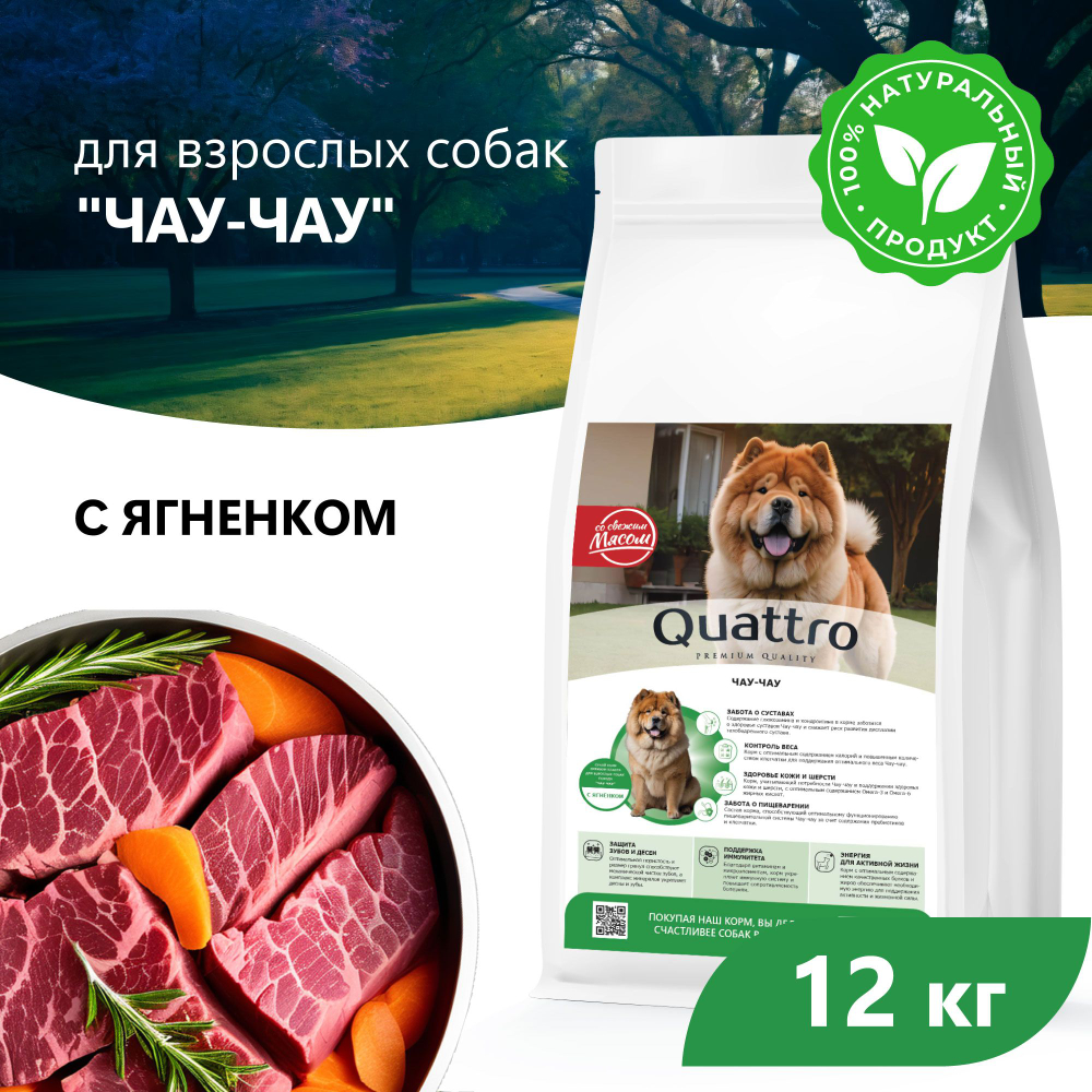 Корм сухой для взрослых собак породы Чау-чау, с ягненком, 12 кг, QUATTRO