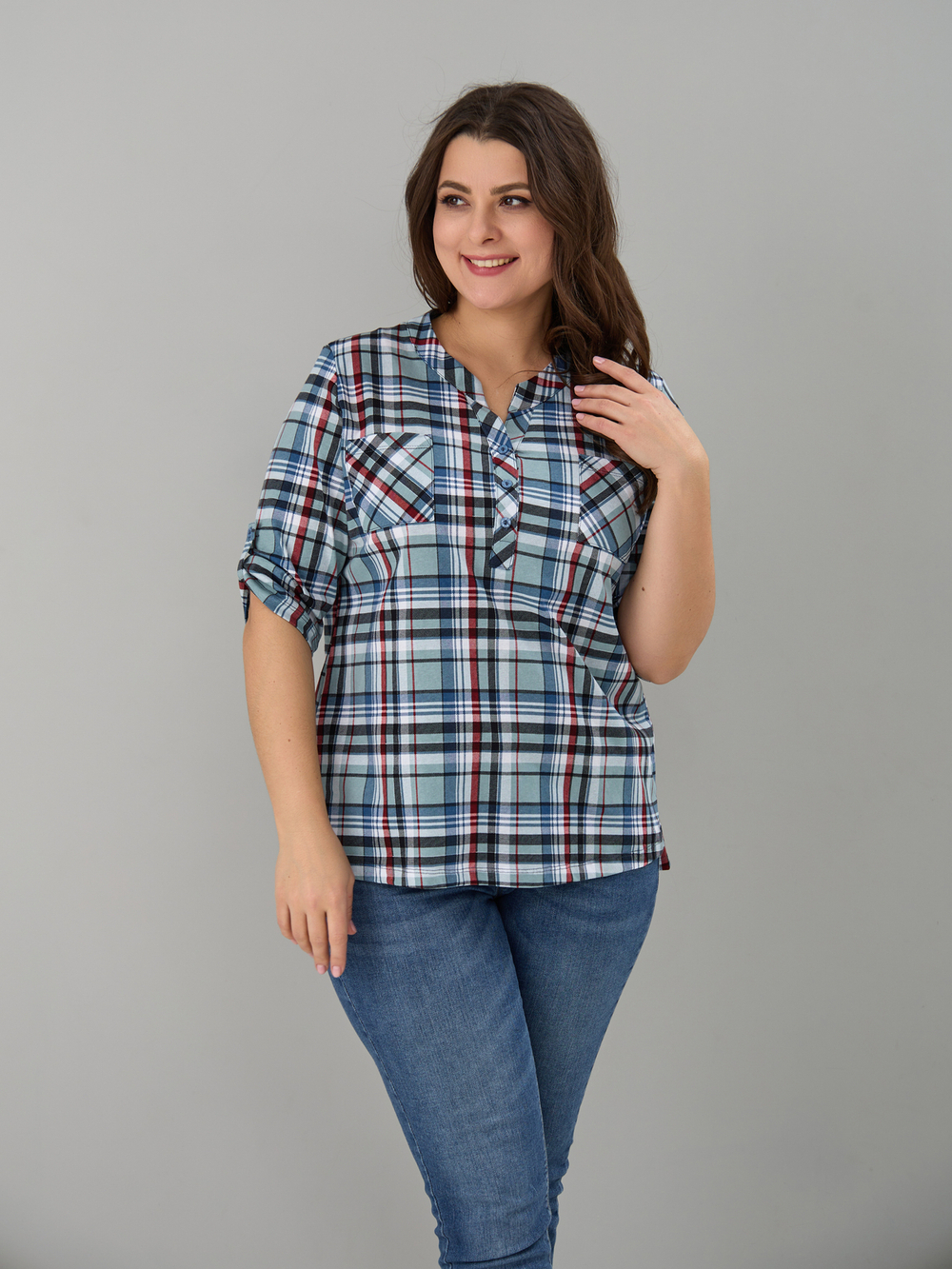Блузка БЛ-131/клеткасерый-индигокрасный