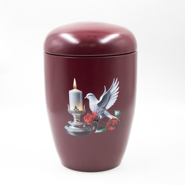 Урна для праха биоразагаемая "Эдем" бордовая Свеча и голубь