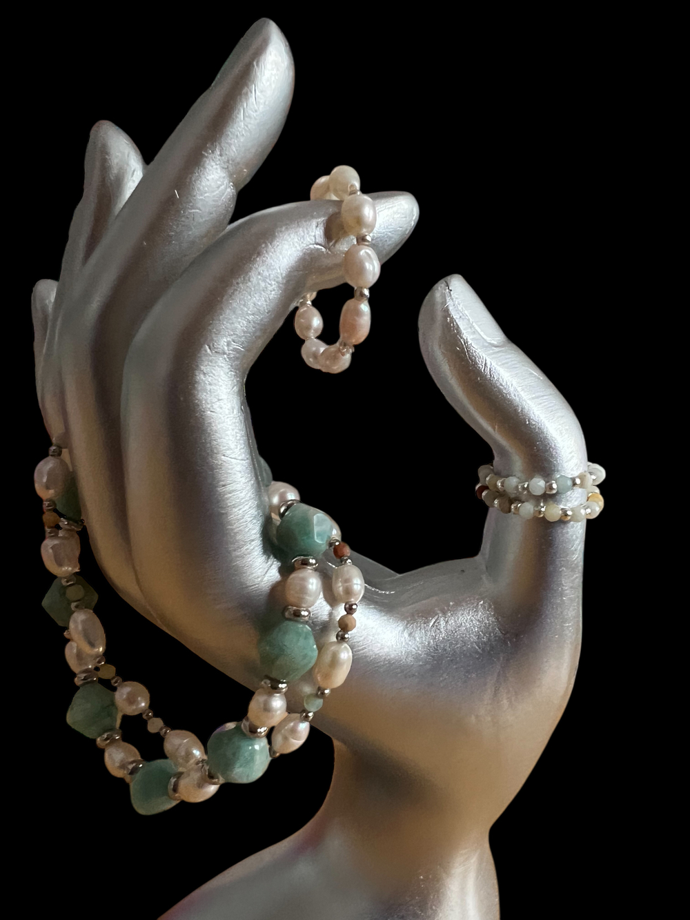 Комплект: Браслет и 2 Кольца. Бирюзовое спокойствие. Амазонит и Жемчуг