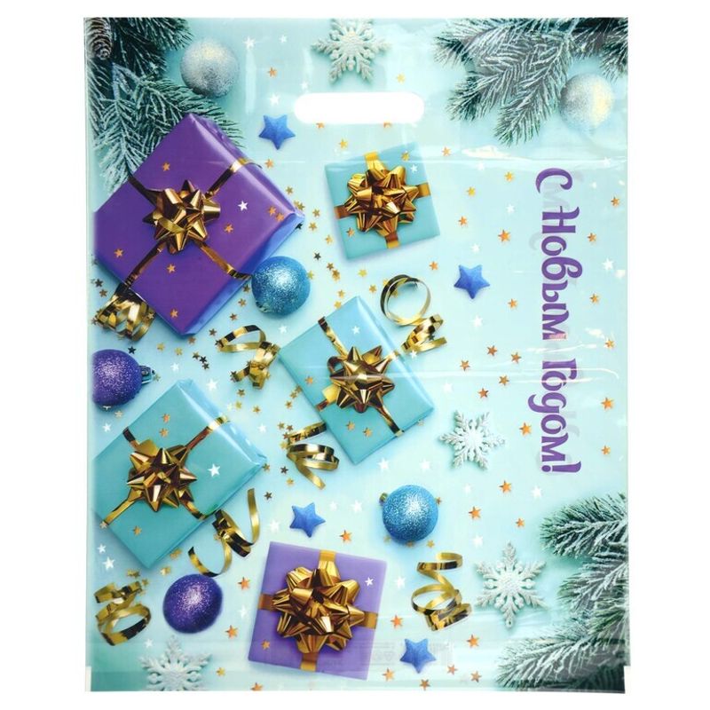 Пакет новогодний прорубная ручка Россия 38*47 см 60 мкм ПВД Подарки  1 шт 500 шт/кор