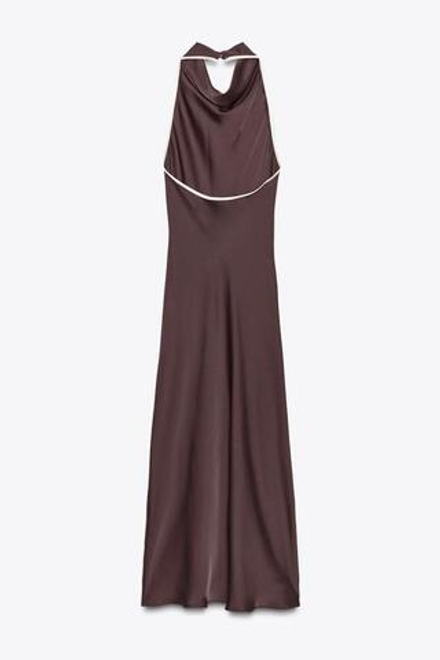 ZARA АТЛАСНОЕ ПЛАТЬЕ МИДИ С КОНТРАСТНОЙ ОТДЕЛКОЙ, КОРИЧНЕВЫЙ