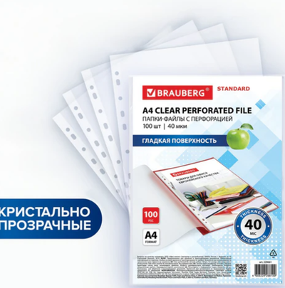 Папки-файлы перфорированныеА4 BRAUBERG"STANDARD",гладкие, 40 мкм, 229661