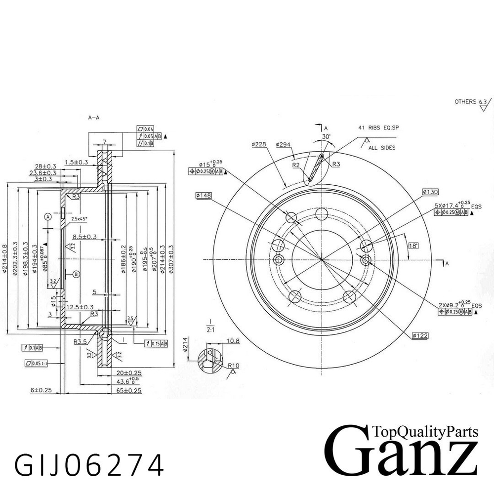 Диск тормозной задний с покрытием SSANG YONG Kyron/Rexton/Rodius /Vent D=307mm GANZ GIJ06274