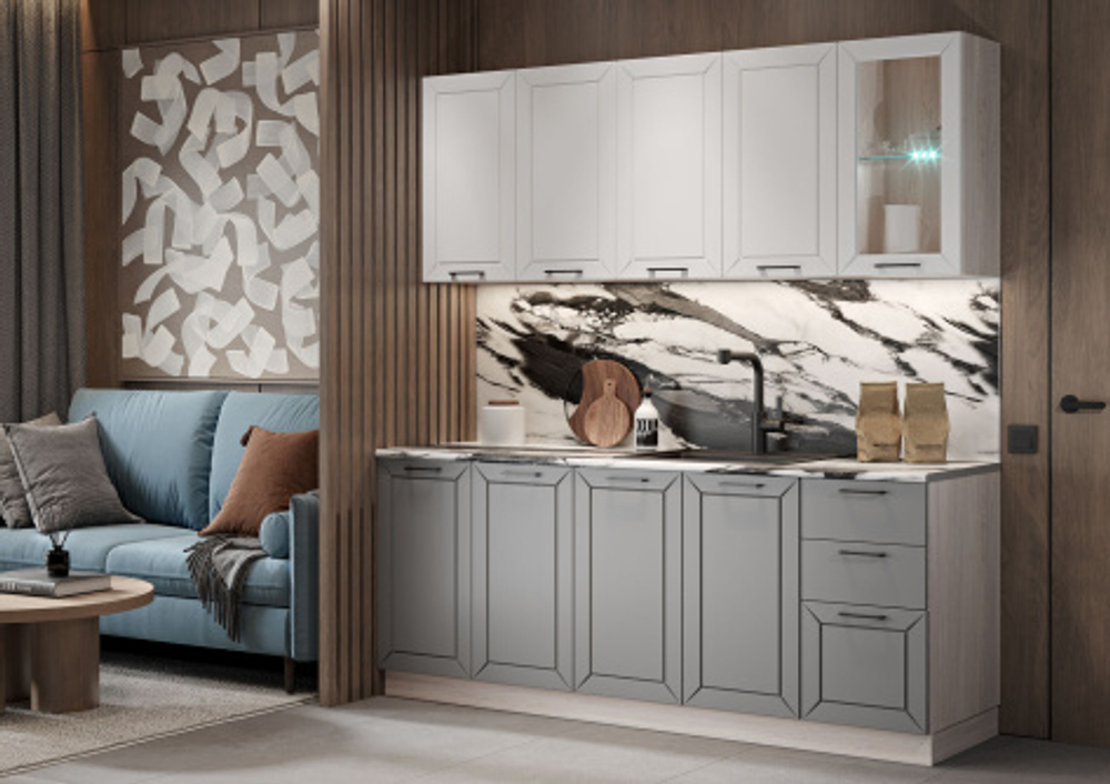 Кухня - 2м / ФАСАД Глэдис пластик (Белый снег/ Лайт грей ) Раус