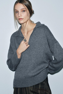 ZARA СВИТЕР ПОЛО ИЗ ШЕРСТИ И КАШЕМИРА, СЕРО-СИНИЙ