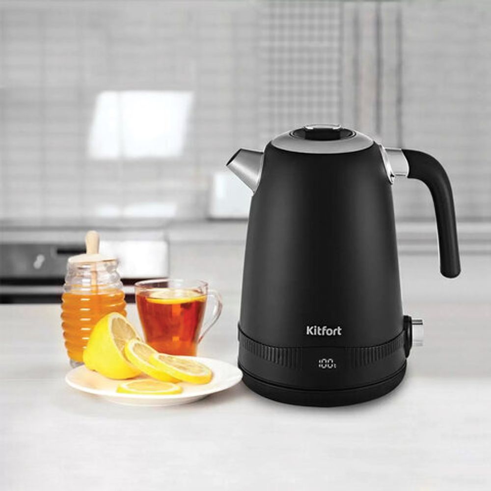 Чайник KITFORT КТ-6121-1, 1,7 л, 2200 Вт, закрытый нагревательный элемент, LED-дисплей, ТЕРМОРЕГУЛЯТОР, сталь, черный