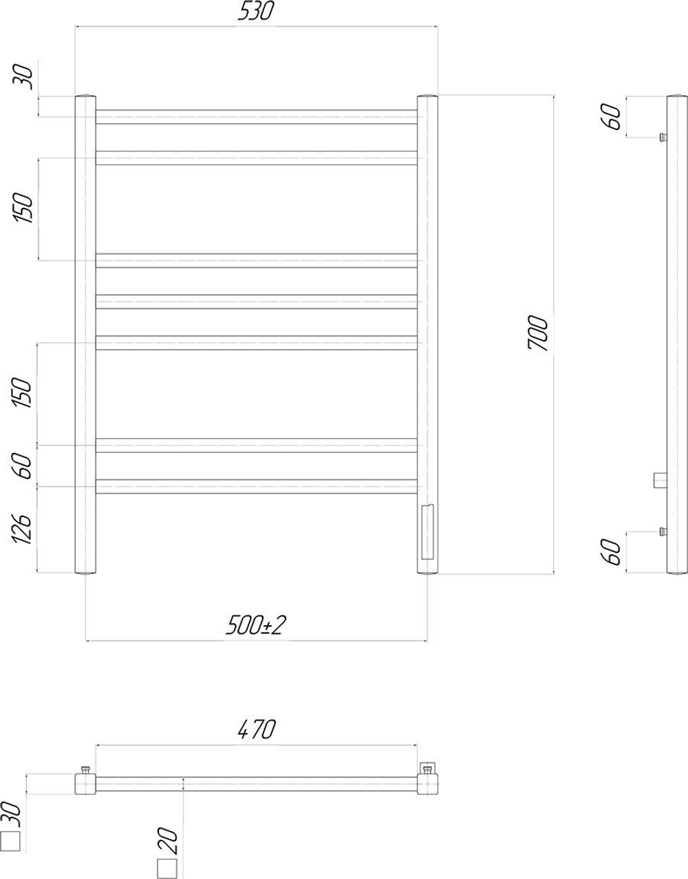 Полотенцесушитель электрический Lemark Unit LM45707Z П7 500x700, диммер справа, хром