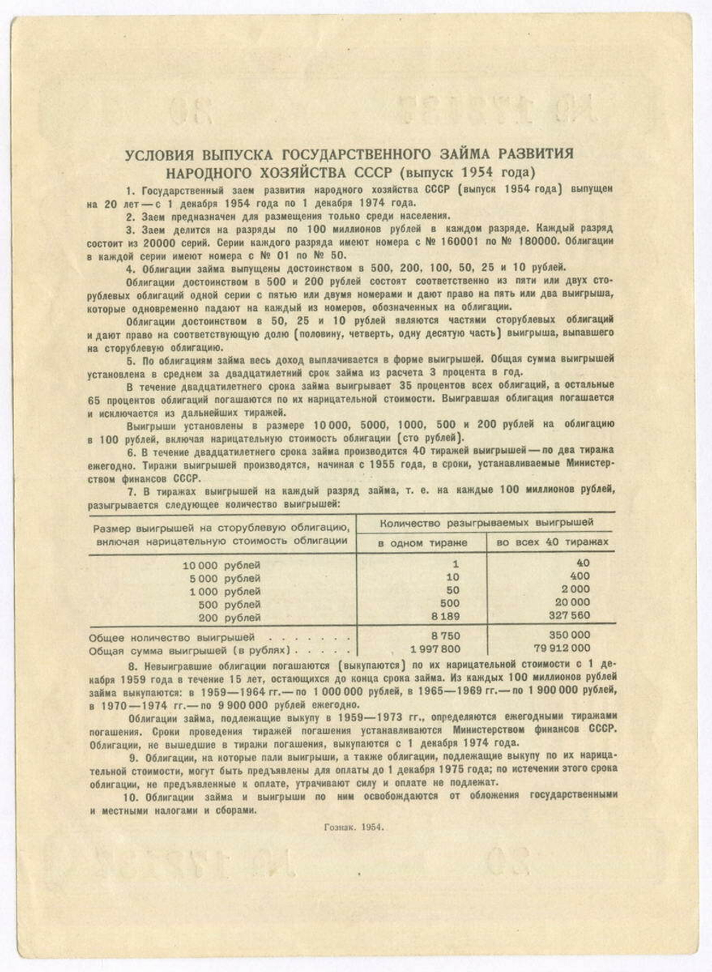 Облигация 100 рублей 1954 год. Серия № 172137. VF-XF