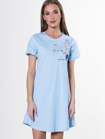 Хлопковая сорочка с коротким рукавом и принтом (Размер: L) (Цвет: голубой)
