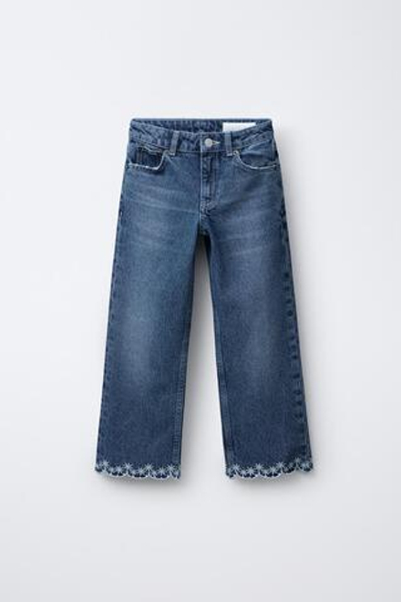 ZARA ДЖИНСЫ ПРЯМОГО КРОЯ С ВЫШИВКОЙ, СИНИЙ