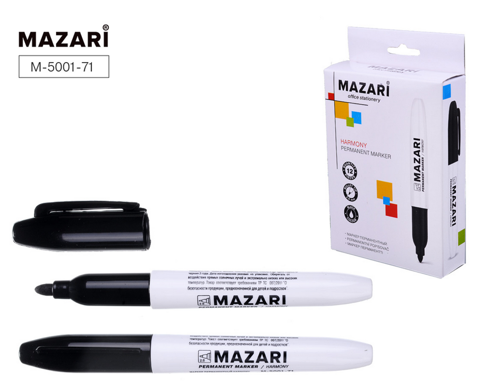 Маркер перм. 2мм. "Harmony" чёрный, пулевидный наконечник (Mazari)