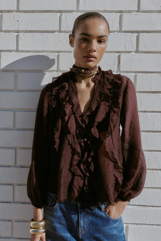 ZARA БЛУЗА С ВОЛАНАМИ, КОРИЧНЕВЫЙ