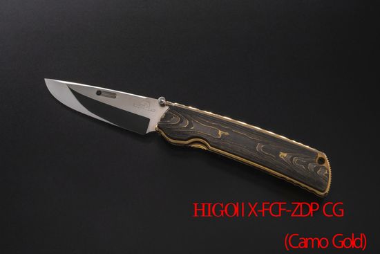 Премиальный японский нож Rockstead HIGO II X-FCF-ZDP (CG) 67 HRC - рукоять титан + карбон Camo Gold , сталь ZDP-189