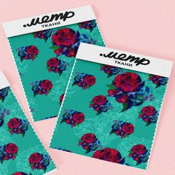 Ткань шифон красно-синие цветы на бирюзовом