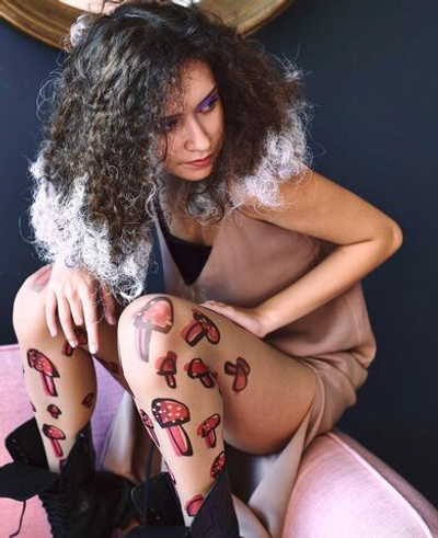 Колготки с принтом в виде грибов (Размер: S-M-L) (Цвет: бежевый)